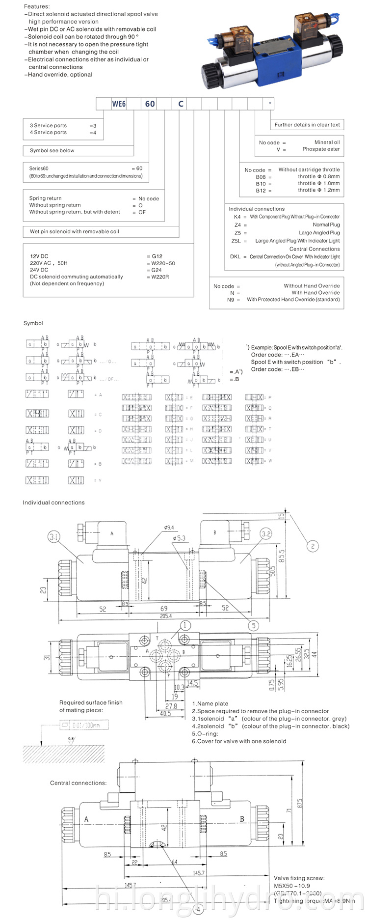 Single head 4WE6 hydraulic solenoid directional valve 